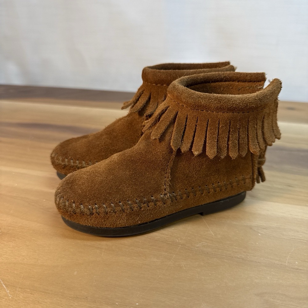 Minnetonka Kids Toddler Shoes Moccasin Boots Sz 7 Brown Suede Fringe Ankle Zip